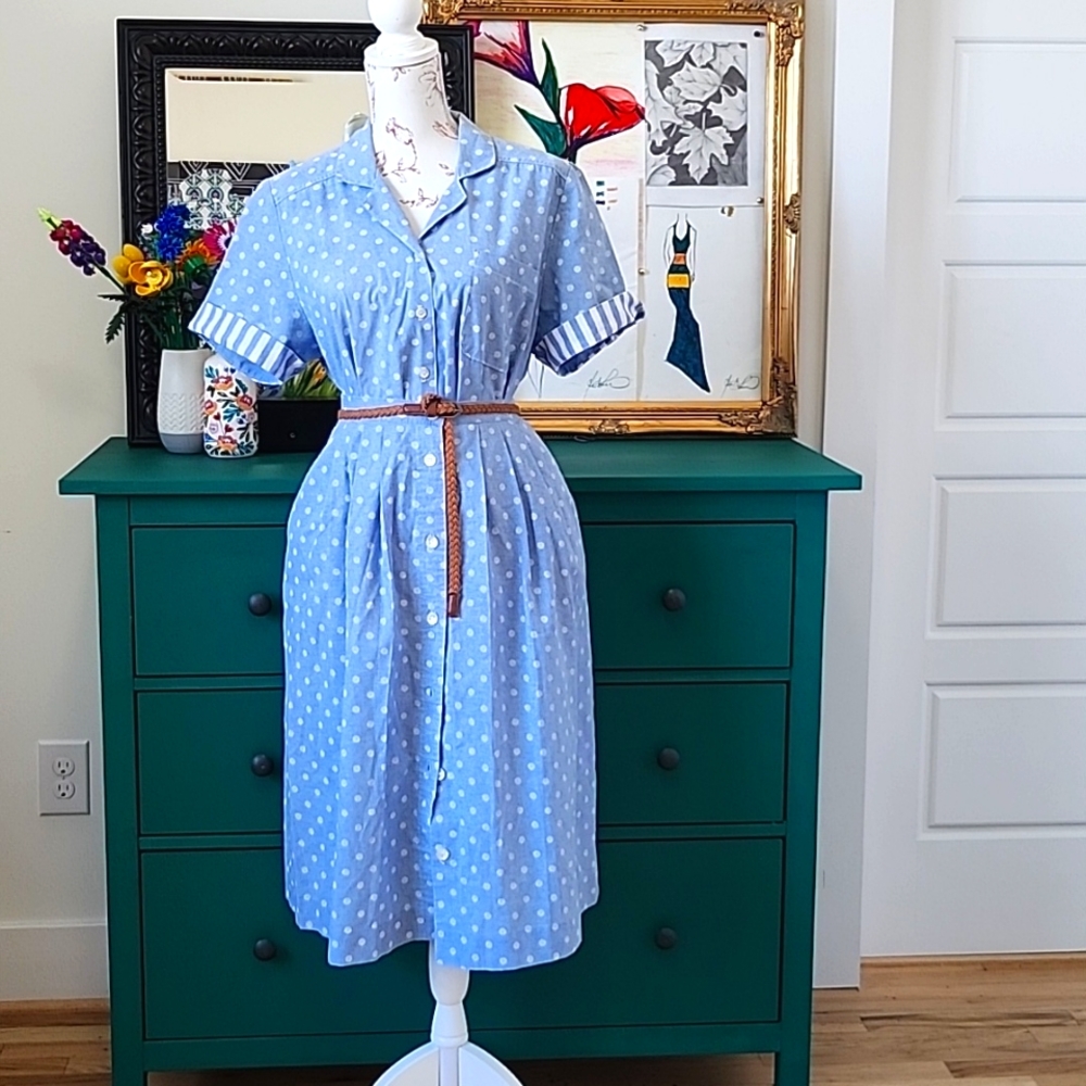 Blue Polka Dot Dress with Belt